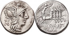 P. Maenius Antiaticus,, Cr.249/1, Sy.492, 132 BC, Roma head r/ Victory in quadriga r; AEF, perfectly centered & well struck,. good metal with lt tone....