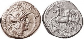 R M. Acilius, Den, 130 BC, Cr. 255/1, Sy.511, Roma head r in circle/Hercules in slow quadriga r; VF, insignificantly off-ctr, well struck, nice metal ...