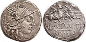 R C. Plutius, Denarius, 278/1, Sy.414 (Rarity 4), Roma hd r/Dioscuri rt; AEF, obv centered, rev nrly so, medium grey tone. (A GVF brought $448, F&S 6/...