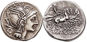 Appius Claudius & T. Mallius, 111-110 BC, Cr.299/1b, Sy570a, Roma head r/Victory in triga r, EF, centered, minor crudeness on rev; good metal with nic...