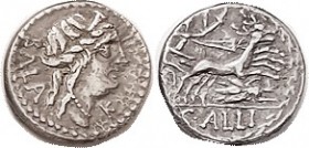 R C. Allius Bala, 92 BC, Denarius, Cr. 336/1b, Sy.595, Diana head r/Diana in biga of stags, grasshopper below; VF, centered, very sl roughness on obv ...
