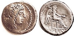 M. Porcius Cato, Quinarius, Cr.343/2b, Sy.597, 89 BC, Liber head r/Victory std r; F+, obv sl off-ctr with sl surface imperfections; medium toning. (A ...