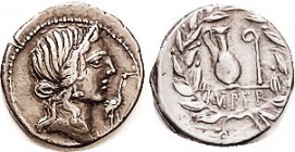 R Q.C. Metellus Pius, Denarius, Cr.374/2, Sy.751, Pietas head r/Lituus & jug in wreath; VF, very sl off-ctr, well struck, excellent metal with deep ol...