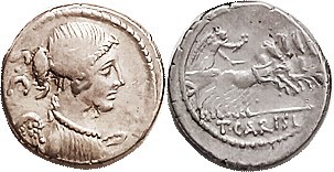 R T. Carisius, 46 BC, Denarius, Cr.464/5, Sy.985, Bust of Victory r/Victory in q...