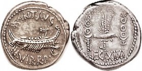 MARK ANTONY, Legionary den., Galley/Eagle betw standards, LEG XIX, AEF, well centered & strongly struck, good metal with lt tone. Very nice for these....