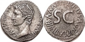 R AUGUSTUS , As, Bare head l./P LVRIVS AGRIPPA III VIR AAAFF around SC, AEF, sl off-ctr, much of obv lgnd off, rev lgnd complete with sl crowding; bro...