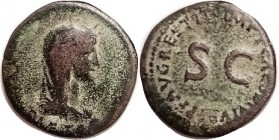 LIVIA , Dup., PIETAS, Livia bust r/SC in lgnd, RESTITUTION by Vespasian, much rarer than the original type; F, centered, brown with green patina in fi...