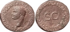 GERMANICUS , As, under Caligula, Bust left/SC in lgnd; F, well centered, lgnds complete, moderately rough reddish-brown patina, portrait fairly decent...