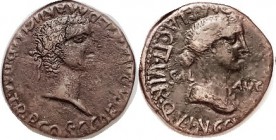 CALIGULA & CAESONIA , Spain, Carthago Nova Æ27, Caligula bust rt/ Caesonia bust rt as Salus; F-VF/F+, obv centered with tops of lettering off, rev som...