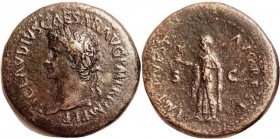 R CLAUDIUS , Sestertius, RESTITUTION issue by Titus, Bust left/IMP T VESP AVG REST, Spes adv l; VF, obv centered, rev sl off-ctr with some lgnd wkness...