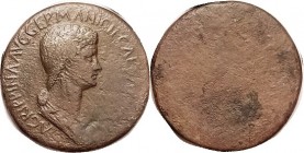 AGRIPPPINA JR. , Sest or Medallion, UNIFACE, obv same as the very rare type with rev carpentum & no lgnd, rev blank apparently as made; F, olivy brown...