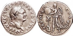 R VESPASIAN , Den., TR POT X COS VIIII, Victory erecting trophy, captive below, RIC 114; Choice VF+, well centered & struck, good metal with moderate ...