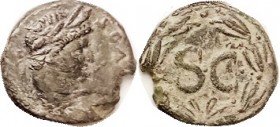 DOMITIAN, Antioch, Æ21, bust r/SC in wreath, VF, nrly centered, scant obv lgnd, sl ragged edge, dark green patina with earthen hilighting mainly on re...
