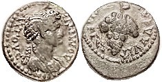 DOMITIA , Philadelphia, Her bust r/grape bunch; F-VF, obv nrly centered with clear lgnd, rev somewhat off-ctr, smooth dark green patina Ex Gorny as VF...