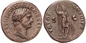 R TRAJAN , As, TR POT COS III PP, Mars stg r, RIC410; VF+/VF, nrly centered, lgnds complete medium brown patina, only very sl graininess. Well detaile...
