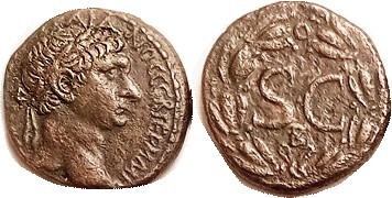 R TRAJAN , Antioch, Æ21, Rev SC/B in wreath; VF+, obv somewhat off-ctr losing lg...