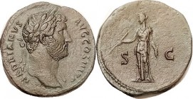 R HADRIAN, Sest, SC, Diana stg l; Choice VF-EF, well centered & struck, nice olivy green patina, very pleasant. (A VF+/VF brought $1716, Vico 1/12; GV...