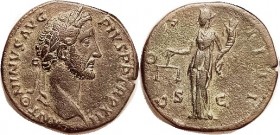 R ANTONINUS PIUS , Sest, COS IIII, Equity stg l; Nice VF, centered, full lgnds, olivy brownish green patina, infinitesimally grainy, but hilighted & a...