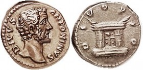 ANTONINUS PIUS , POSTHUMOUS, Den, Bare head r/ DIVO PIO, large altar; EF well centered, obv well struck, rev a little softly struck; excellent metal q...