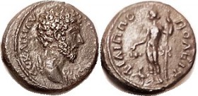 R MARCUS AURELIUS , Thrace, Philippopolis, Æ18, Bare head r/Dionysos stg l, panther; AEF, obv sl off-ctr with lgnd loss at rt, rev centered, dark gree...