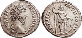 R LUCIUS VERUS , Den, TRP IIII IMP II COS II, Mars stg r; Choice AEF, very well centered & struck, excellent metal quality with rich old toning. Nicer...
