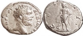 CLODIUS ALBINUS , Den, COS II, Aesculapius stg l; F+, centered on sl ragged oval flan, some lgnd wkness, good bright metal with lt tone. Ex European a...
