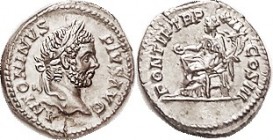 R CARACALLA , Den, Bearded bust/PONTIF TRP XII COS III, Concordia std l, Virtually Mint State, perfectly centered & quite sharply struck, bright lustr...