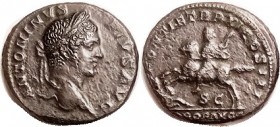 R CARACALLA, As, PONTIF TRP XI COS III, in exergue PROF AVGG, Ruler on horse left, spearing foe, RIC438; VF-EF/VF, obv centered, rev a hairsbreath off...