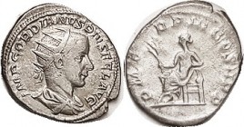 GORDIAN III, Ant, PM TRP III COS II PP, Apollo std l, AVF, centered on oval flan, good silver, lt tone, rev softly struck due to worn die.