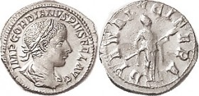 GORDIAN III , Den, DIANA LVCIFERA, Diana stg r, AEF, well centered, bright lusterlike silver, obv sharply struck, rev rather soft due to worn die. (A ...