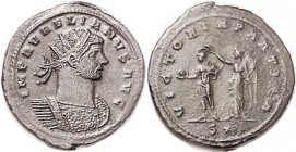 R AURELIAN , Ant, VICTORIA PARTICA, Victory crowning ruler, S*; RIC 240, not in Cohen; AEF/VF, well centered on a broad flan, grey-brown patina, sl ro...