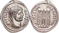 DIOCLETIAN , Argenteus, VICTORIAE SARMATICAE, Camp gate with 4 turrets, SMN-Gamma; Virtually mint state, well centered & sharply struck, good lustrous...
