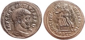 R MAXENTIUS , Follis, VICTORIA AETERNA AVG N, Victory adv l, MOSTT; AEF/VF, centered on large flan, decently struck, olive patina, quite mild surface ...