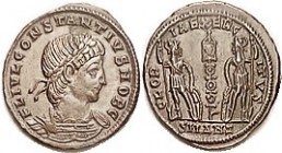 R CONSTANTIUS II, As Caes, Æ4, GLORIA EXERCITVS, Standard betw soldiers, SMANZ, Ch. EF, well centered, sharply struck, smooth silvery-brown surfaces. ...