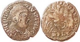 MAGNENTIUS , GLORIA ROMANORVM, Ruler on horse spearing foe, RPLC, BARBAROUS imitation of sl degraded style; F-VF/AF, smooth medium brown, strong portr...