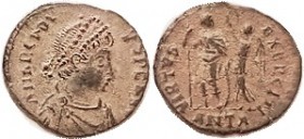 ARCADIUS , Æ3, VIRTVS EXERCITI, Victory crowning ruler, ANTA; VF-EF/VF, nrly centered, just a few obv letters crowded; black-&-orange patina with nice...