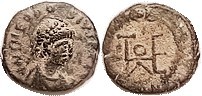 R THEODOSIUS II , Æ4, bust r/Monogram in wreath, CON; RIC462; VF, nrly centered, dark patina with earthen hilighting; only a few obv letters & mintmk ...