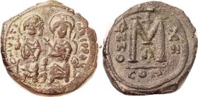 JUSTIN II , Follis, S360, CON-XII-A, VF, nrly centered on sl ragged flan, dark green patina with paler green hilighting, lgnd pretty clear, much detai...
