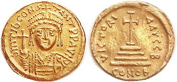 TIBERIUS II , GOLD Solidus, S422; VICTORIA AVGG B, cross on 4 steps, CONOB; 4.39...