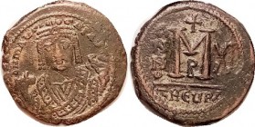 MAURICE, Follis, S533, Facg bust/THEUPS-XI-B; F-VF/AVF, nrly centered, dark brown patina with a little earthen adhesion on rev; face weak but visible....