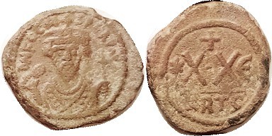 PHOCAS , 1/2 Follis, S686, Facg bust/*XXE, Carthage; F, nrly centered on a large...