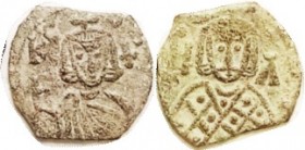 LEO V , Follis, S1637, Facg Leo bust/Constantine bust facg; AVF, centered on usual smallish squareish flan, pale green patina with some hilighting, bo...