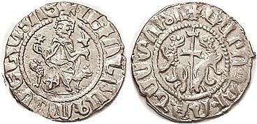 ARMENIA , Levon I, 1198-1219, Ar Tram, 22 mm, King facg on lion throne/cross bet...