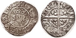 ENGLAND , Richard II, 1377-99, Halfpenny, London, S1699; F, sl crudeness, lgnds partly wk, decent metal with lt tone, portrait reasonably clear. Reall...