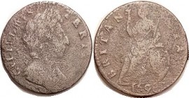 William III, Farthing 1698, date at bottom, Peck 663 ( Extremely rare ), at least VG for this, lgnds partly wk, some detail on portrait & Britannia, l...