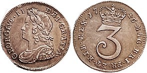 George II, Ar 3 Pence 1746/3, Choice EF, lovely metal with rich old toning, prob...