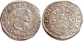 HUNGARY , Leopold the Hogmouth, Ar 6 Kreuzer, 26 mm, 1670/69, Bust r/Madonna & child; Choice Unc, a little curvy from roller dies, superb sharp portra...