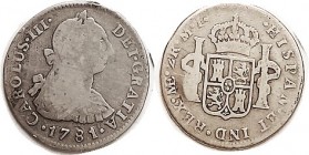 PERU , 2 Reales 1781, G-VG decent for grade.