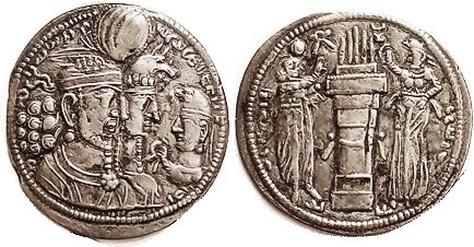 SASANIAN , Varhran II, 274-93, Ar Drachm, 27 mm, Busts of King & queen facing he...