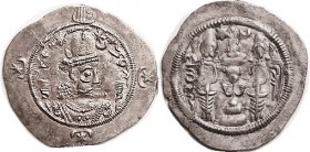 Hormizd IV, Drachm, 31 mm, Bishapur mint, Year 12; EF, typically somewhat crude with some areas of wk strike on rev, mint & year fully clear; good met...